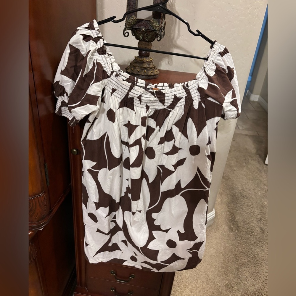 Free People Brown & White Floral Off-Shoulder Tunic